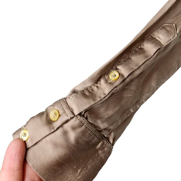 Wilfred Aritzia Gold Shimmer Tan Button Up Top Blouse Tie Cognac 2XS Cupro - Picture 7 of 16